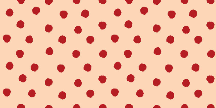 Seamless raspberry polka dot pattern with organic red spots on warm beige background creating playful repeating texture for textiles wallpaper packaging and creative design