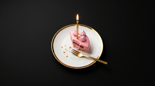 Top Down View Of Pink Mousse Cake Slice With Burning Candle On White Plate, Golden Fork Near Birthday Dessert, Minimalist Isolated Black Background