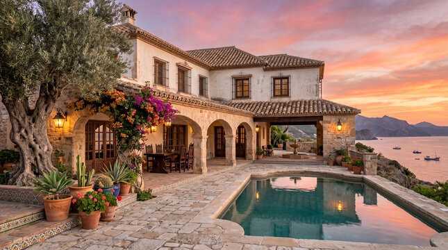 Luxury Stone House With Arched Gallery And Swimming Pool Overlooking Sea At Sunset, Premium Mediterranean Villa Resort Real Estate Property Banner
