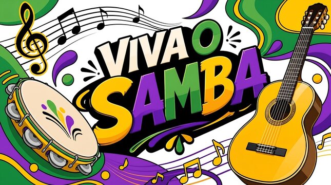 Acoustic guitar and pandeiro drum with music notes decoration in colorful cartoon style for brazilian national samba day celebration