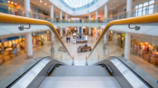 Modern Escalator Moving Down In Shopping Mall Interior, Contemporary Public Building Architecture Of Retail Department Store Blurred Bokeh Background