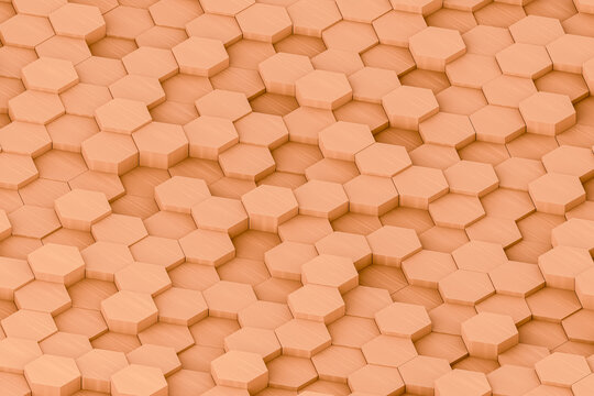 Wooden hexagon grid texture background. Isometric 3D render of abstract hexagons with wood grain pattern. Natural geometric backdrop.