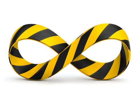 Yellow and black striped infinity symbol on white background for warning or caution