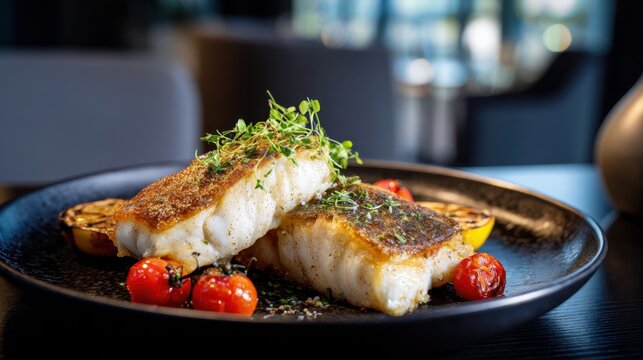 Pan-seared white fish fillets garnished with fresh herbs served with roasted cherry tomatoes and grilled lemon slices on a black plate in a modern dining setting