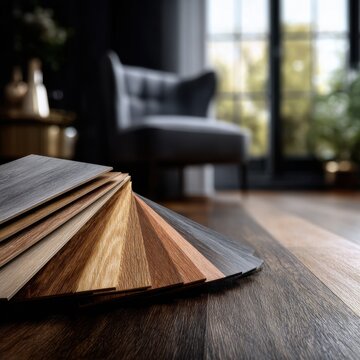 Selection of modern wood flooring samples in various shades displayed on a dark hardwood floor with a cozy living room background featuring a window and armchair