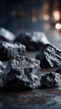 Raw black mineral chunks scattered on a textured surface with dramatic lighting and blurred glowing orbs in the dark background creating a moody atmosphere