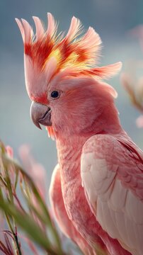 Vibrant pink bird with striking feather crest perched among soft foliage in natural light showcasing delicate texture and vivid colors in a serene setting