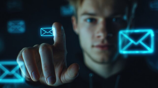 Young man interacting with glowing digital envelope icons representing futuristic communication and email technology in a dark virtual environment