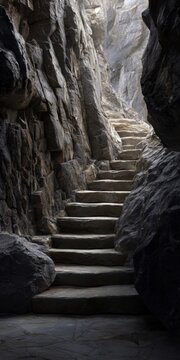 Stone staircase carved into a rugged rocky cave pathway leading upwards toward the light illuminating natural textured rock formations around the steps