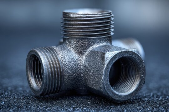 Detailed view of a metallic triple-threaded pipe fitting connector on textured surface symbolizing plumbing and industrial hardware components