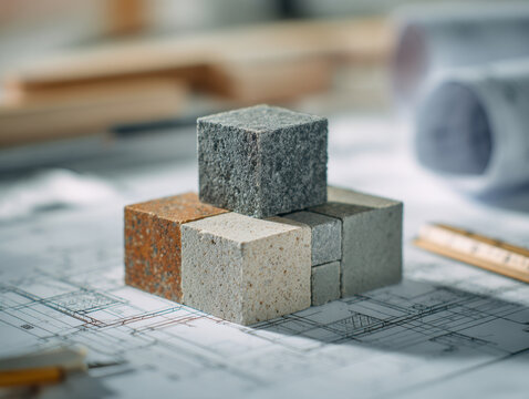 Various textured stone cubes arranged on architectural blueprints with design plans and drafting tools in a studio workspace background