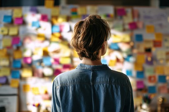 Person standing thoughtfully in front of a wall covered with colorful sticky notes and reminders while planning or brainstorming ideas in a creative workspace