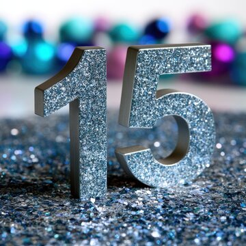 Sparkling blue glitter number fifteen standing on matching glitter confetti with colorful blurred lights in the background for festive celebrations