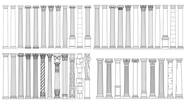 Collection of Classical Architectural Columns and Pillars Illustration Showing Doric Ionic Corinthian Styles