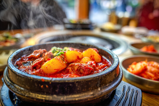 Steaming hot traditional Korean stew served in a black stone pot with tender meat and spicy red sauce surrounded by side dishes on a wooden table