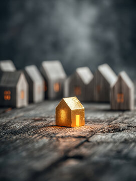 Tiny golden house glowing warmly in foreground with rustic miniature wooden homes blurred in background on weathered wood surface in cozy scene