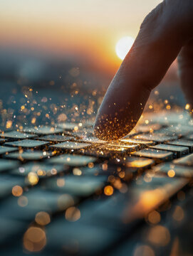 Finger pressing keyboard key with glowing magical sparks and golden light emerging during a warm sunset golden hour on a computer device