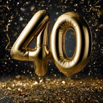 Shiny golden number 40 balloons floating with sparkling confetti and streamers against a dark festive background for celebration events