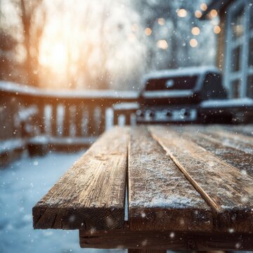 Snowflakes gently falling on a wooden outdoor table with a blurred grill and warm sunset background in a serene winter backyard setting