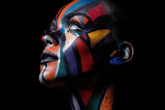 Portrait of a person with vibrant and intricate abstract face paint looking upwards against a dark background showcasing creative body art techniques