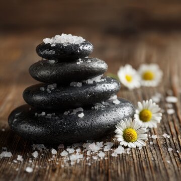 Relaxing spa scene with wet black stones stacked and sprinkled with sea salt crystals surrounded by chamomile flowers on rustic wooden surface for wellness therapy