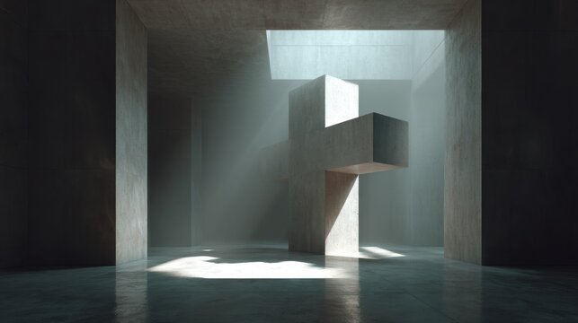 A minimalistic interior with dramatic light beams illuminating a large abstract concrete sculpture in an empty spacious room with high ceilings and geometric shadows