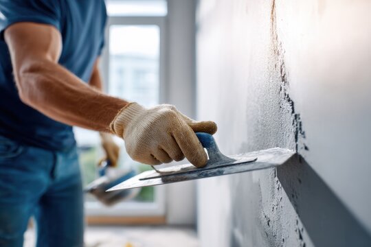 Skilled worker wearing protective gloves applying plaster smoothly on wall surface using a trowel tool for interior home renovation project