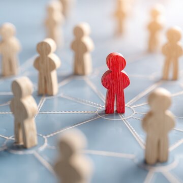 Concept of leadership and influence with a red figure standing out in the center of interconnected natural wood figures symbolizing social network and community conn