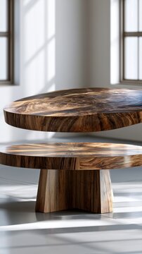 Unique design of two round wooden tables crafted with natural grain patterns highlighted by sunlight streaming through windows in a minimalist room setting
