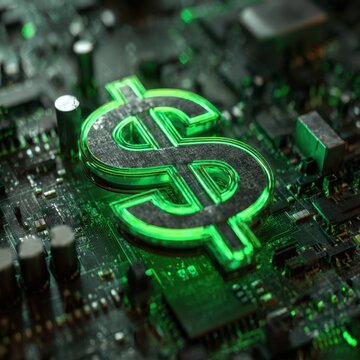 Digital glowing green dollar symbol embedded on a detailed electronic circuit board representing financial technology and digital currency concepts