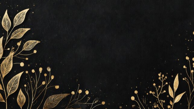 Elegant gold botanical leaves and delicate floral branches framing a dark textured background with ample negative space for luxury design or invitations
