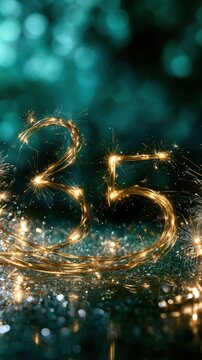 Shining golden sparkler forming the number thirty five with glowing festive lights and bokeh background for celebration or milestone events