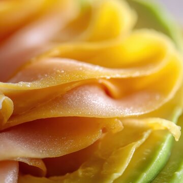Macro view of delicately folded cold cuts layered with fresh green lettuce leaves showcasing textures and natural colors in appetizing detail