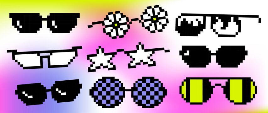 Y2K pixel sunglasses pack with star, flower, heart and retro 8-bit glasses. Trendy pixel art sticker icons for avatars, gaming, social media, internet culture, memes and digital aesthetics
