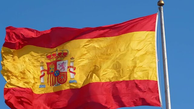 Spanish flag waving on a flagpole against a clear blue sky