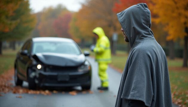 Man in hoodie looks at crashed car and emergency worker in hi vis jacket on wet road. Autumn leaves cover ground after vehicle collision. Serious auto accident scene.