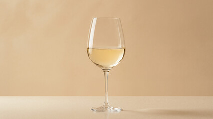 Fototapeta premium Glass of white wine standing on table. Elegant stemmed drinkware filled with alcoholic beverage. Professional sommelier service, hospitality, luxury lifestyle and evening relaxation.