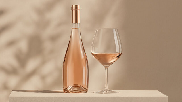 Rose wine bottle and glass on light background. Wine tasting experience with elegant drink. Minimalist composition for bistro, restaurant menu, lifestyle advertising and summer party.