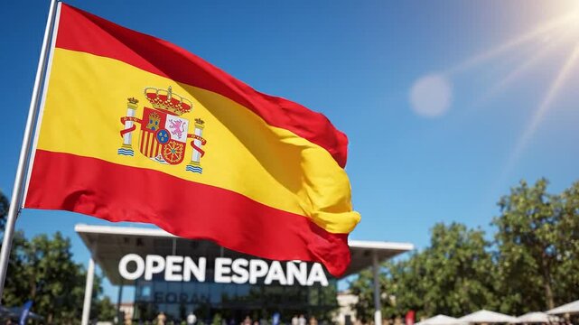 Spanish flag waving in front of the open espaa tennis tournament venue