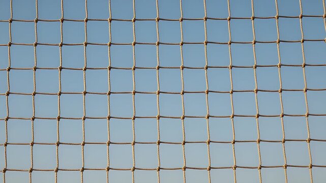 Detailed close up view of a durable sports safety net with square mesh pattern texture against a clean blue sky background capturing a concept of outdoor athletic activity