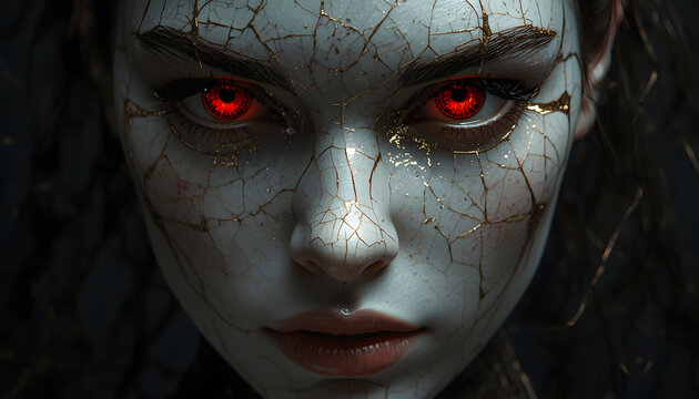 Close up portrait of pale porcelain doll face with cracked surface and glowing red demonic eyes, intricate details, sinister gaze.