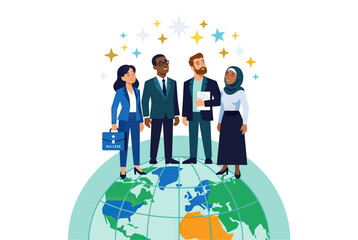Naklejka premium Diverse business team standing on globe with stars above, flat illustration concept