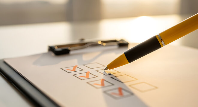Yellow pen held by a hand marking check boxes on a white paper clipboard during a business evaluation or survey process