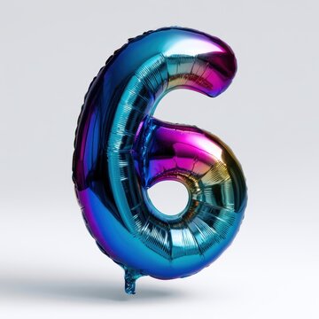 Vibrant metallic balloon shaped like the number six with reflective surface in shades of blue, purple, and gold against a clean white background