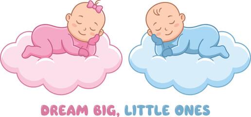 Naklejka premium Cute cartoon illustration of twin baby boy and girl sleeping peacefully on pink and blue clouds