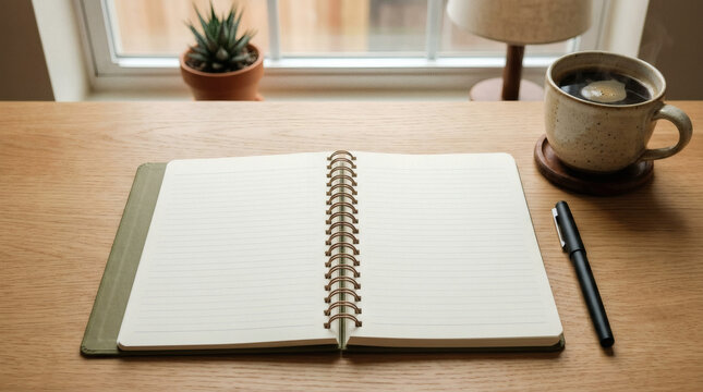 Open notebook with pen and coffee cup on a wooden desk near a window with a plant