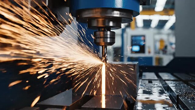 Industrial CNC milling machine cutting metal with bright sparks.