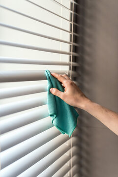 Woman wipes dust from window blinds in modern apartment during daytime