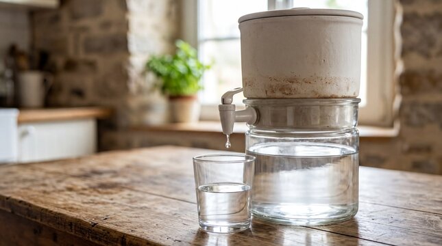 water filtration system, a ceramic water filter sits on a table, with a glass half-filled with clean water