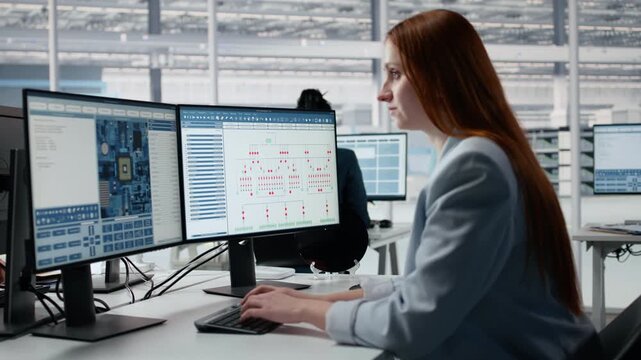 Close up of woman in semiconductor factory office analyzing PCB architecture with PC software.